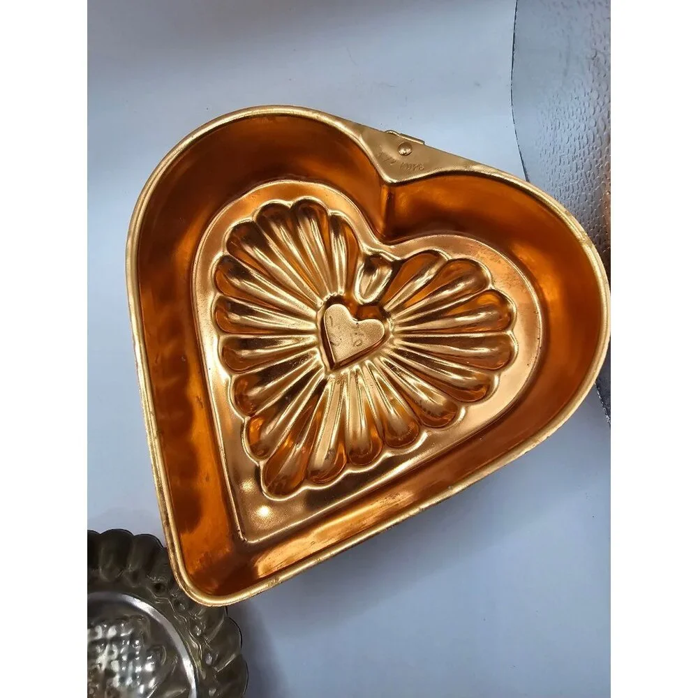 Vintage Copper Molds Set Of 3 With Floral Heart & Grape Designs For Kitchen Deco